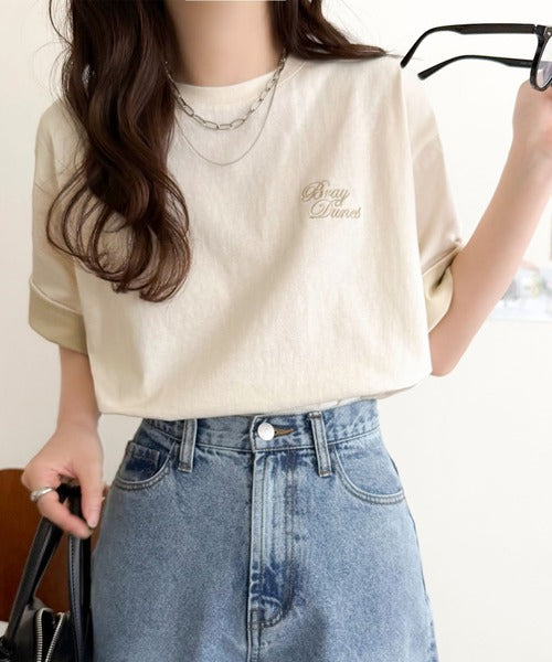 《JaVaジャバコラボ》大人の色魅せ、軽やかに映える。綿100％ 胸刺繍入り 袖配色切り替え Tシャツ（半袖） jv1330106