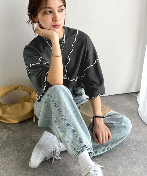 Tシャツより可愛く、スウェットより軽やか♪5分袖メロウ切替裏毛トップス ce1020310