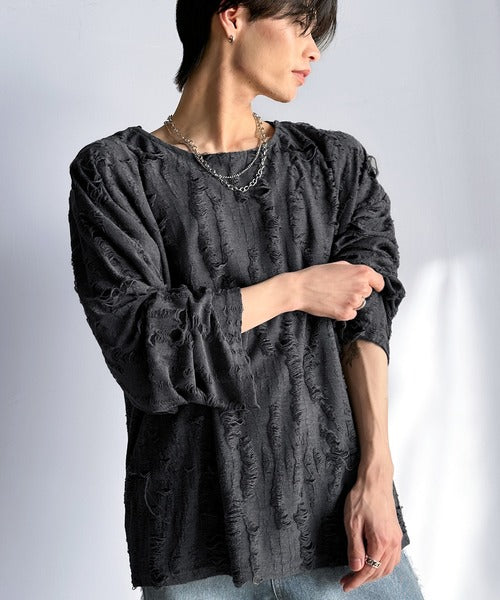 グランジを楽しむ旬スタイル。ダメージ加工ビッグシルエットジャカードカットソーTシャツ（長袖） cm1010420