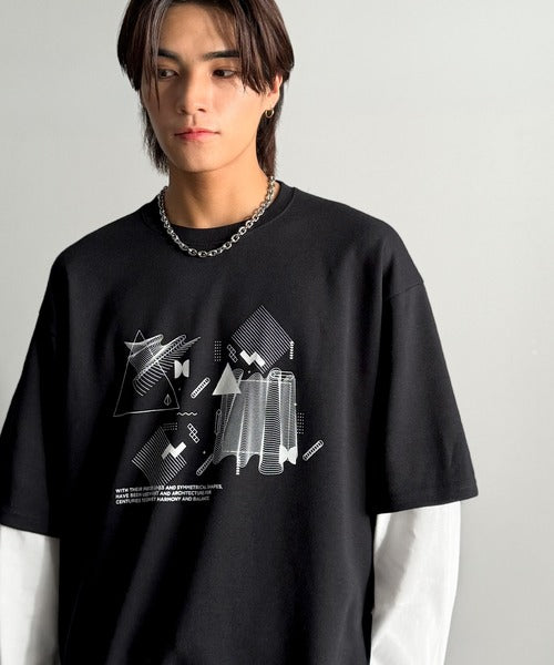 【Classical Origin】幾何学柄ポンチ素材レイヤードTシャツ(長袖)／Geometric Pattern Ponte Layered T-Shirt co1150050