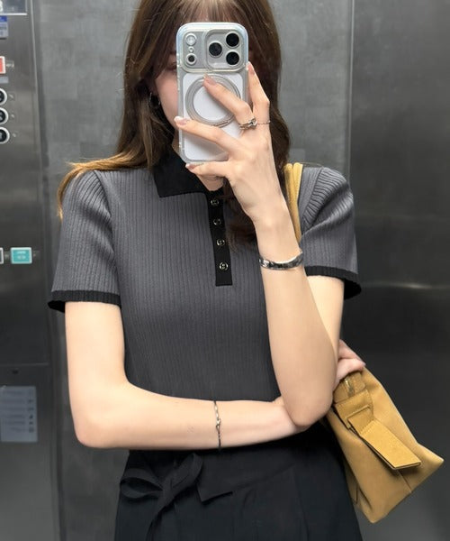 【mily bilet】オン・オフ使えて、春夏コーデにピッタリ。金縁ボタン使いバイカラーリブポロニット(半袖) mi1029197