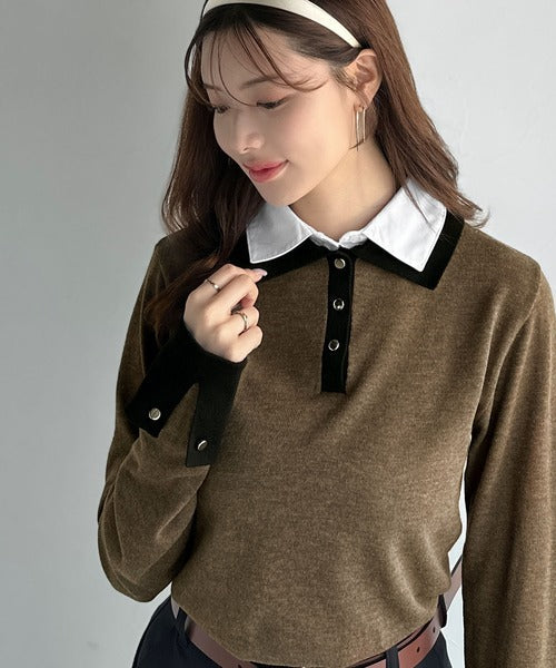【mily bilet】重ね着風で上品見え◎レイヤード風シャツダブル襟使いカフス切り替えニットプルオーバー（長袖） mi1029159