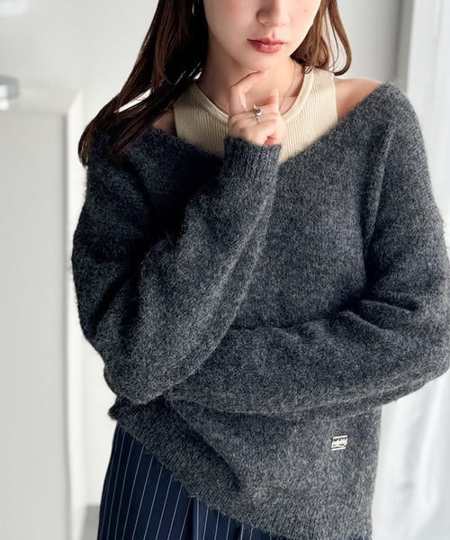 【mily bilet】洗練されたレイヤードスタイル！プレート使い異素材ニットレイヤードオフショル見せアンサンブルニット mi1029143