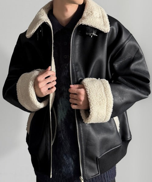 【Classical Origin】「ずっしりかっこいい。」2way襟ボア切り替えフェイクレザージャケット／2way Boa Collar Faux Leather Jacket co1150081