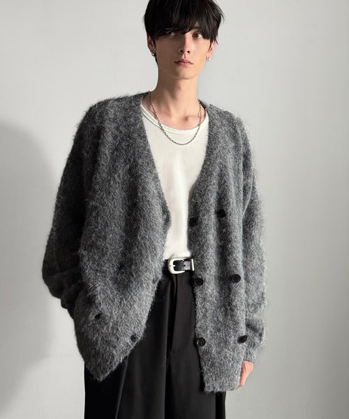 【Classical Origin】「アートな1着。」ミックスシャギー素材ダブルテーラードニットカーディガン／Mixed Shaggy Double-Tailored Knit Cardigan co0780011
