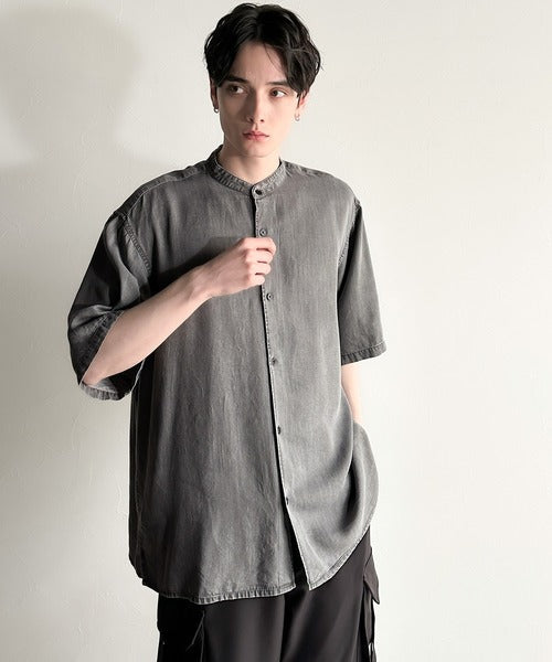 Rayon Denim Band Collar Relaxed Shirt／ヴィンテージ加工ルーズフィットデニムシャツ co1150011