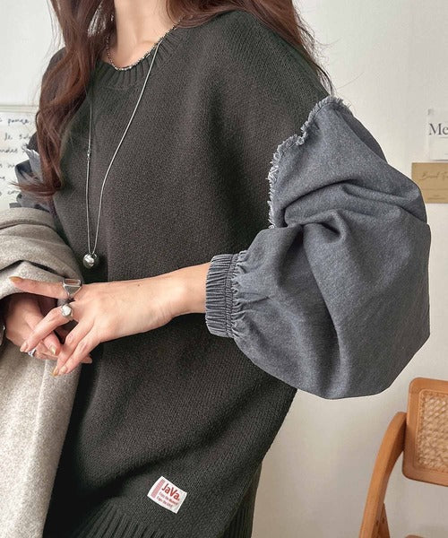 《JaVaジャバ コラボ》ラフなのに印象的。大人の異素材ニット。袖デニム切り替えニット jv1350024