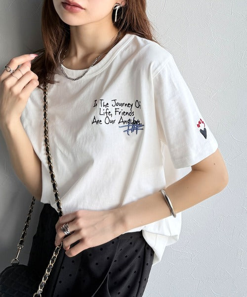 【sustaina+】アートのように刺繍が映える。オーガニックコットン100%らくがき風刺繍 無地＆ボーダー柄半袖Tシャツ ce1260396