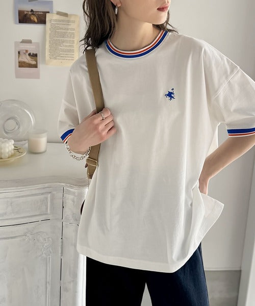 《JaVa ジャバコラボ》大人スポーティー。綿100%シルケット 配色刺繍Tシャツ jv1050074