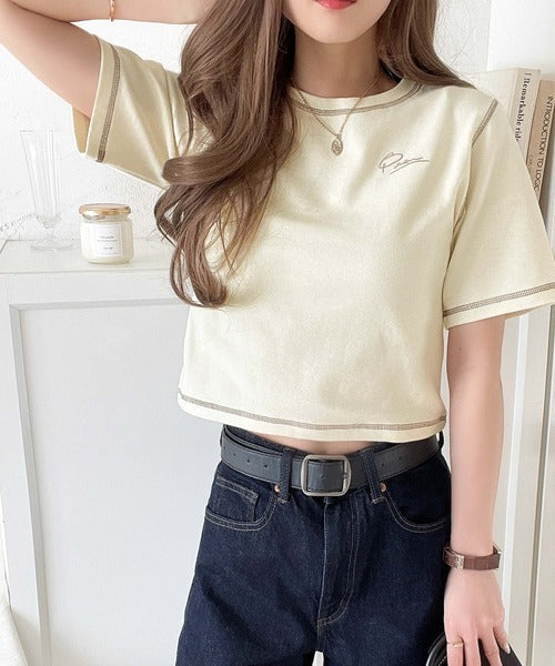 1枚で今っぽデザイン♪PAEAN刺繍配色ステッチチビTシャツ（半袖） ce1020200
