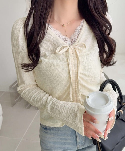 【mily bilet】レース×シャーリングで、甘さをひとさじ。レースドッキングパフスリーブジャガードトップス（長袖） mi1359080