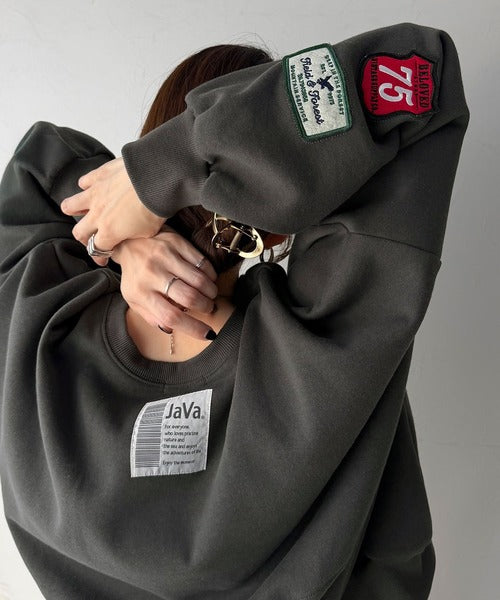 《JaVaジャバコラボ》右腕最強説！ゆるっと着映える、こなれ感たっぷりの袖ワッペン裏起毛プルオーバー（オーバーサイズ） jv1050405
