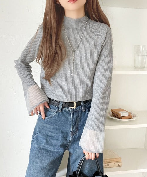 動くたび大人フェミニン。袖シアーハイネックリブニット ce1020154