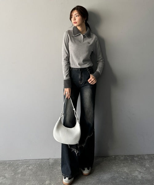 【mily bilet】上品とカジュアルを叶える、大人コーデが即完成。ファー使いダブル襟ロゴプレートニットポロ(長袖) mi1029150