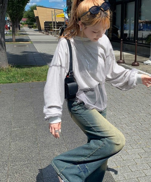 【mily bilet】デイリーからお出かけまであらゆるシーンに大活躍！箔プリントチュール重ねロングTシャツ mi1019058