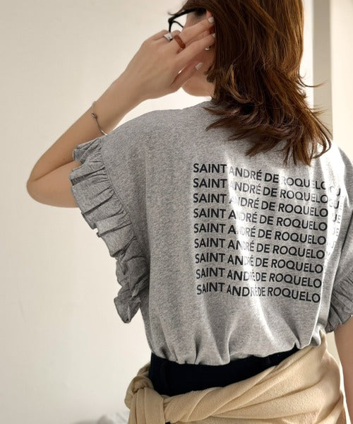 《JaVaジャバコラボ》着るだけで主役級。綿100％バック箔プリント袖フリルTシャツ（半袖） jv1330104