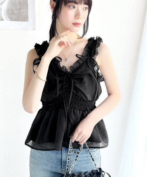 【mily bilet】愛され大人フェミニン。リボン使いフリルオーガンジービスチェキャミソール mi1019072