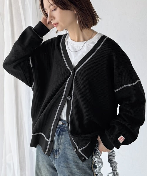 《JaVaジャバコラボ》ラフで上品な大人のゆるカジュアル。配色ステッチVネックワッフルカーディガン（長袖） jv1260505