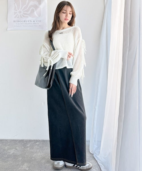 【mily bilet】大人のきらめき。プレートデザイン透かし編み袖リボンラメニット(ワンオフショル2way) mi1259009