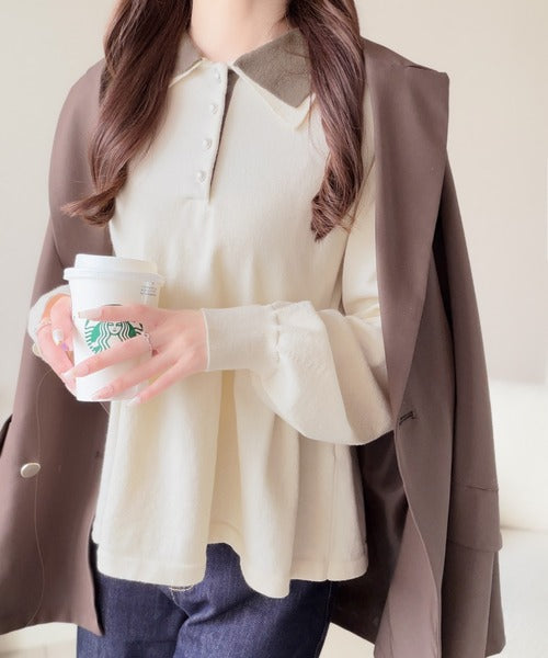 【mily bilet】衿でときめき、裾で華やぐ。パール調ボタン配色ダブルカラーペプラムニット（長袖） mi1359072