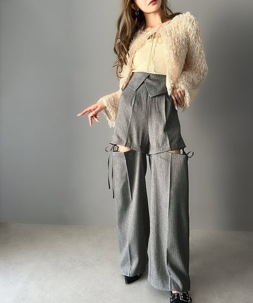 【mily bilet】大人ガーリーボトム。ウエスト折り返しリボンストラップ２WAYセンタープレスハイウエストワイドスラックスパンツ mi1329005