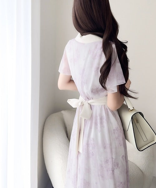 【mily bilet】夏を涼む相棒ワンピ♪水彩フラワーが上品。シアーフローラル バックリボンワンピース (長袖) (ロング) mi1139101