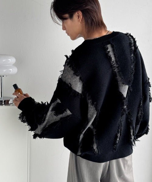 【classical origin】「着るだけで、印象派」。フリンジデザイン配色オーバーサイズニット（長袖）/Fringe design oversized long sleeve knit ao1260444