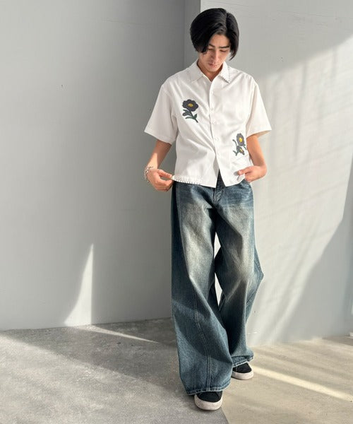 【接触冷感機能付き】サガラ刺繍フラワーステッチシャツ／Cool-Touch Fabric Sagara Embroidered Flower Stitch Shirt (半袖) co1320019