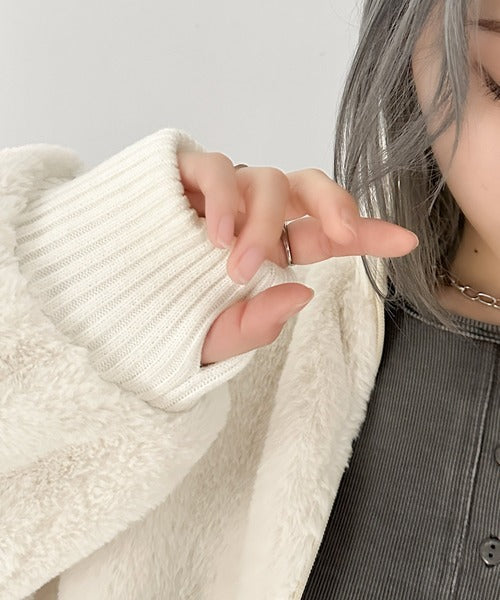 【mily bilet】上質な肌触り、スタイリッシュアウター。ジャガードテープ使いドロスト付き指穴シャギーファーブルゾン mi1019054