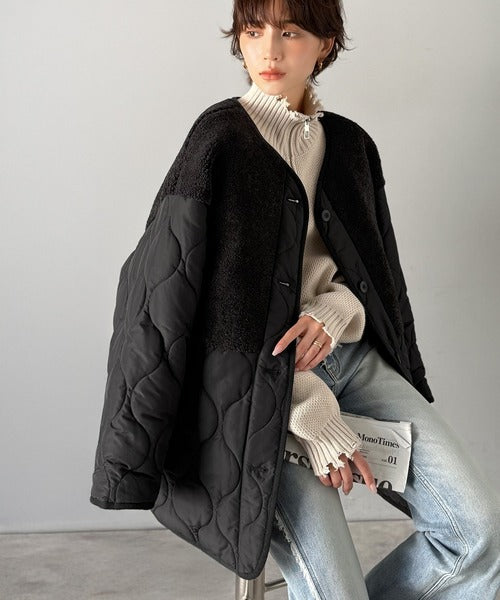 《JaVaジャバコラボ》軽くて暖かい、旬顔ボア切替♪ノーカラーひょうたんキルティングコート jv1240103