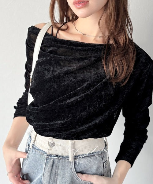 【mily bilet】一歩先のオシャレにアップデート！クラッシュベロアワンオフショルドレーププルオーバー（サムホール付き） mi1269007