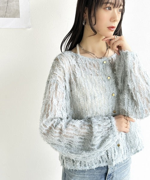 【mily bilet】上質なフェザー素材が生み出す。ふんわり感が魅力の前後2WAYシアーフリンジチュールカーディガン（長袖） mi1019070