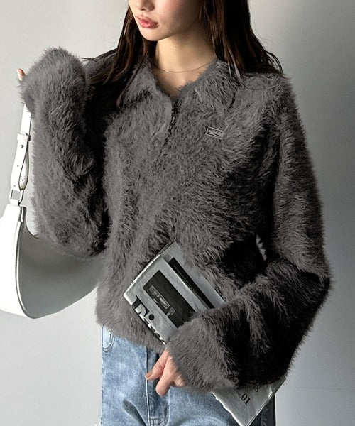 【mily bilet】カジュアルな大人ふんわり。メタルプレート使いフェザーシャギーポロニット（長袖） mi1029134