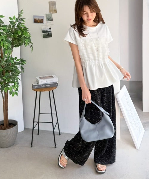 甘さを仕込む、大人の余裕。綿100％シルケット加工×シアーフリル切替オーバーサイズペプラムTシャツ（半袖） ce1410008