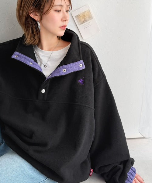 《JaVa ジャバコラボ》暖かさも、お洒落感も、欲張りに。胸刺繍ジャガード切り替えハーフボタンフリースプルオーバー jv1010674