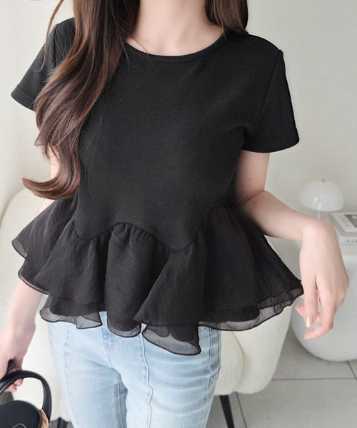 【mily bilet】可憐に揺れて、ときめきを纏う♪前後2wayペプラム切替フリルデザインTシャツ（半袖） mi1019140