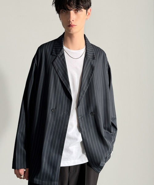 【Classical Origin】「さっと羽織れる。」ストライプ柄ドレープテーラードシャツジャケット／Relaxed Draped Tailored Stripes Shirt Jacket co1150041