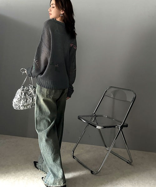【mily bilet】女性らしさ滲み出る透け感が魅力。透かし編みランダム刺繍ルーズニット mi1029079