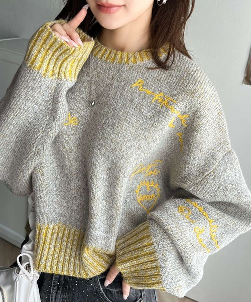 【mily bilet】大人の個性派ニット。ランダム刺繍クロップドニットプルオーバー mi1029088