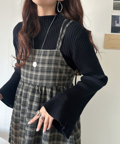 微起毛素材で秋冬にぴったり♪チェック柄ダブルストラップバックリボンキャミワンピ（ロング丈） ce1010526