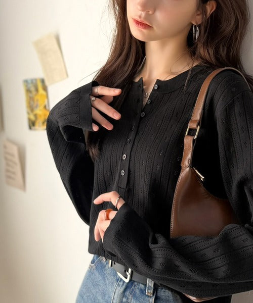 透かし柄にひと目惚れ♪大人フェミニン、アイレット柄ヘンリーネックニット (長袖) ce1020405