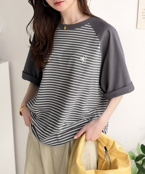 《JaVaジャバコラボ》お洒落迷子の救世主。綿100％胸刺繍ラグラン配色ボーダーTシャツ jv1260558