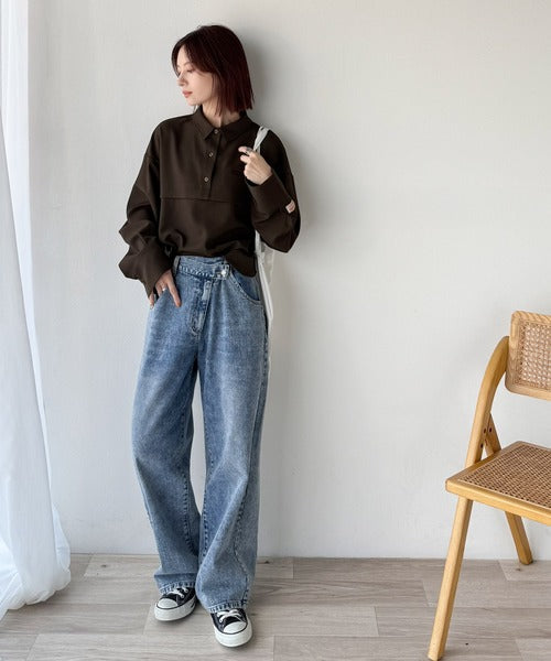 《JaVaジャバコラボ》抜け感◎スキッパー衿切り替えデザインワイドスリーブシャツ（長袖） jv1010476