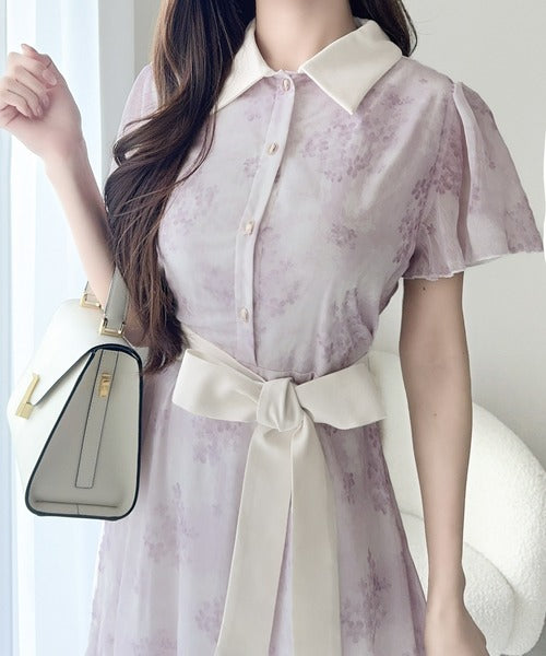 【mily bilet】夏を涼む相棒ワンピ♪水彩フラワーが上品。シアーフローラル バックリボンワンピース (長袖) (ロング) mi1139101