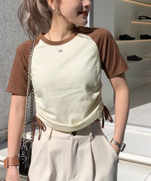 【mily bilet】サイドの絞りが可愛いさプラス。プレート使いラグランTシャツ（半袖） mi1329027