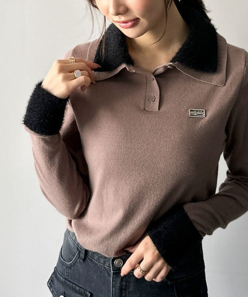【mily bilet】上品とカジュアルを叶える、大人コーデが即完成。ファー使いダブル襟ロゴプレートニットポロ(長袖) mi1029150