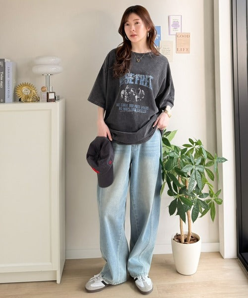 《JaVaジャバコラボ》キャッチーな個性派スタイル。綿100％前後2wayアシッドウォッシュビッグロックTシャツ(半袖） jv1260545