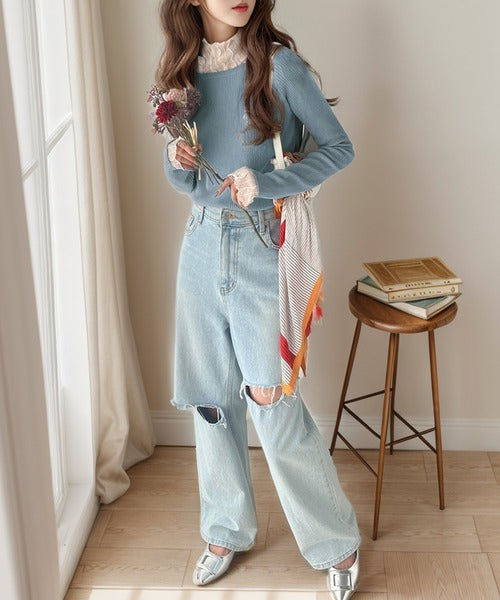 大人のベーシックニット。ワンポイント胸刺繍ボートネック長袖リブニット ce1020178