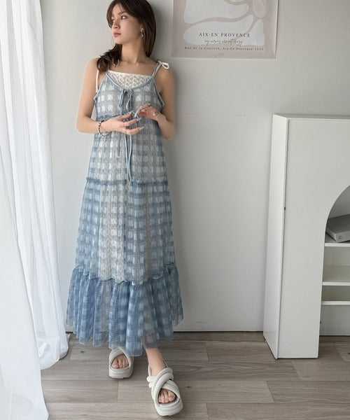 【mily bilet】大人の甘さを引き立てる。チェックチュールフリルティアードキャミワンピース mi1139078