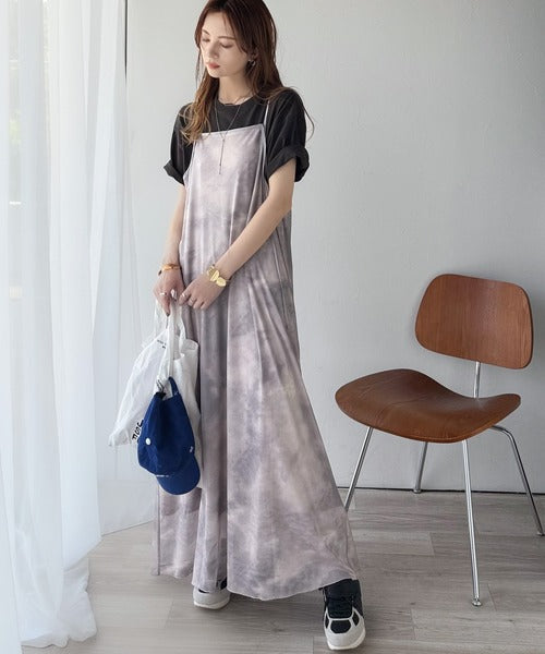 そよ風シフォン♪ふわり柔らかシルエットで“涼”を着回す。前後2wayチュールレイヤードロングキャミワンピース（ブラック＆マーブル柄） ce1240090